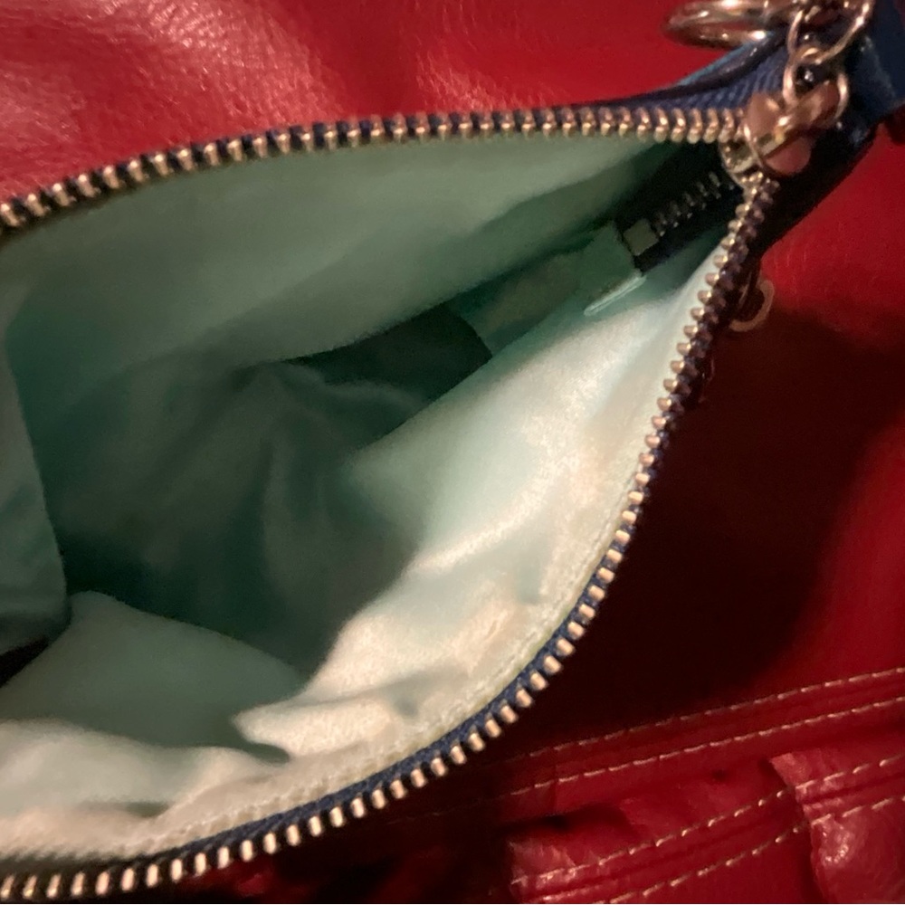 Coach Poppy Blue and Green Patterned Satin Wristlet - Picture 5 of 9